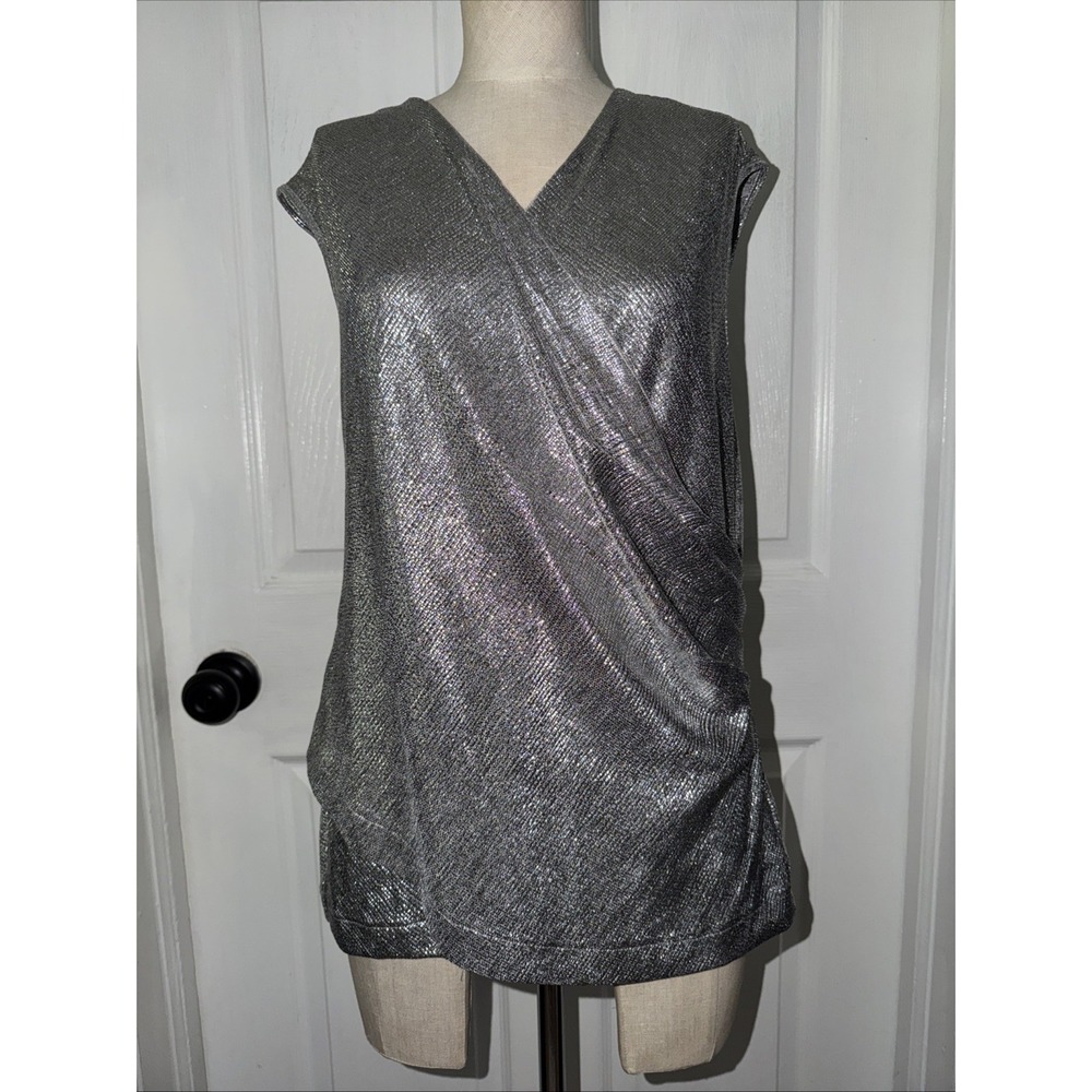 Ramy Brook Metallic Silver Shell Sz L Moc Wrap Sleeveless Blouse